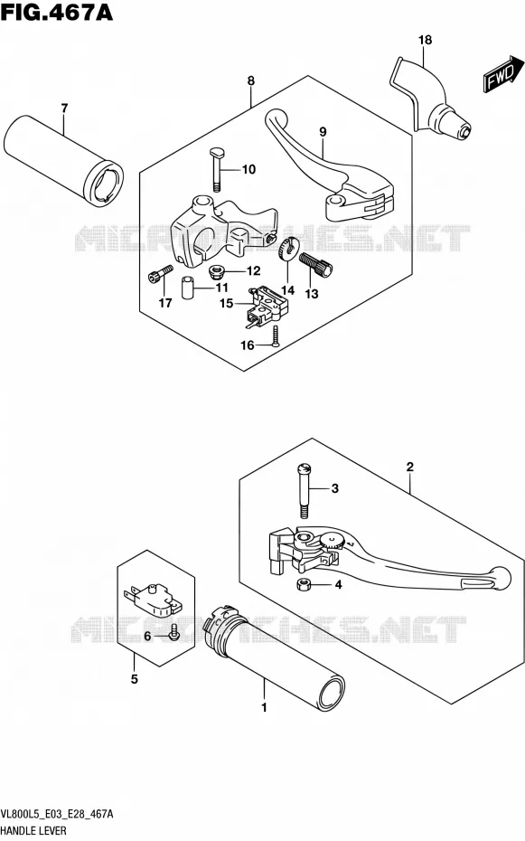 ENSEMBLE LEVIERS - POIGNEES (VL800L5 E03) Suzuki MOTO 800 BOULEVARD 2015  VL800 L5/VL800T L5