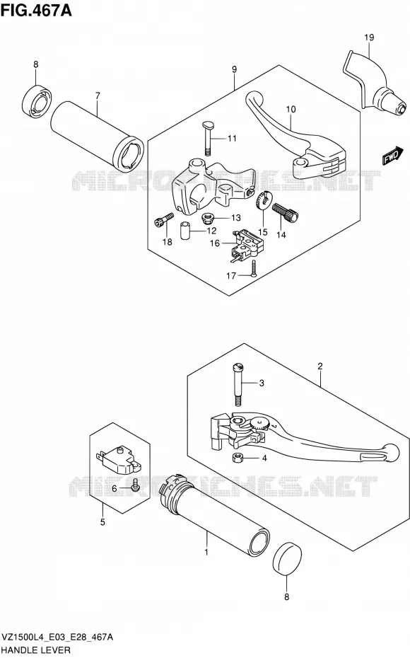 ENSEMBLE LEVIERS - POIGNEES Suzuki MOTO 1500 BOULEVARD 2014  VZ1500 L4 (E03,E28,E33)