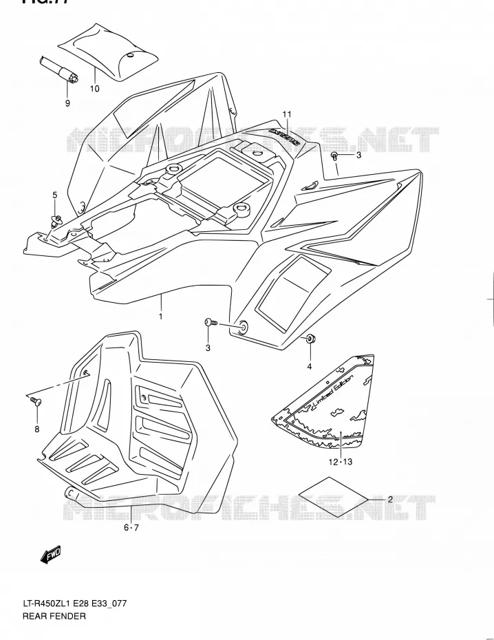 GARDE BOUE ARRIERE (LT-R450L1 E33) Suzuki QUAD 450 QUADRACER 2011  LT-R450 L1/LT-R450Z L1 (E03,E28,E33)