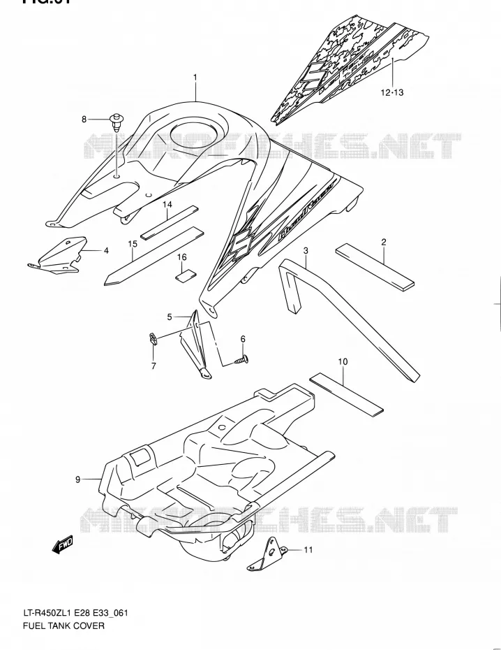 RESERVOIR D'ESSENCE - COUVERCLES (LT-R450ZL1 E28) Suzuki QUAD 450 QUADRACER 2011  LT-R450 L1/LT-R450Z L1 (E03,E28,E33)