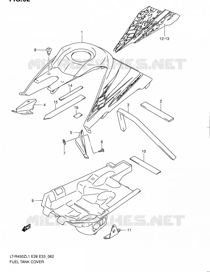 RESERVOIR D'ESSENCE - COUVERCLES (LT-R450ZL1 E33) Suzuki QUAD 450 QUADRACER 2011  LT-R450 L1/LT-R450Z L1 (E03,E28,E33)