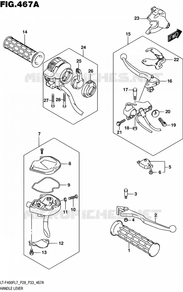 ENSEMBLE LEVIERS - POIGNEES Suzuki QUAD 400 KINGQUAD 2017  LT-F400F L7 (P03,P28,P33)