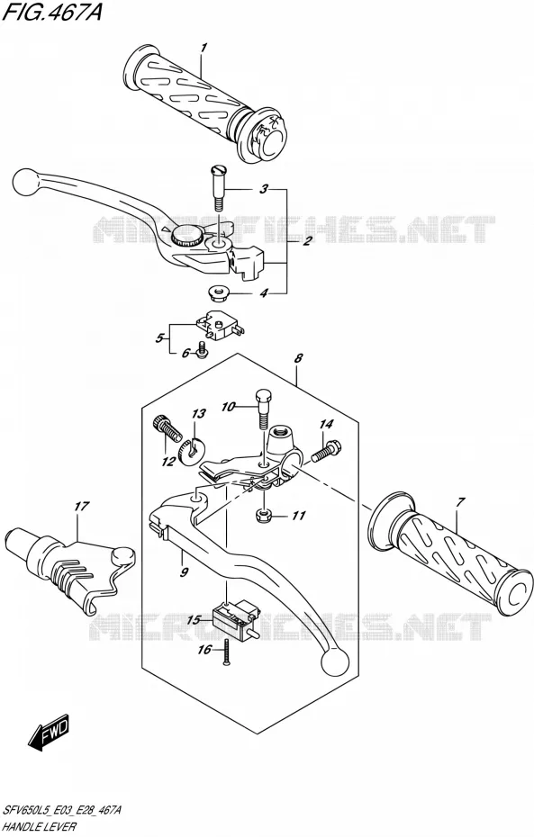 ENSEMBLE LEVIERS - POIGNEES Suzuki MOTO 650 GLADIUS 2015  SFV650 L5 (E03,E28,E33)
