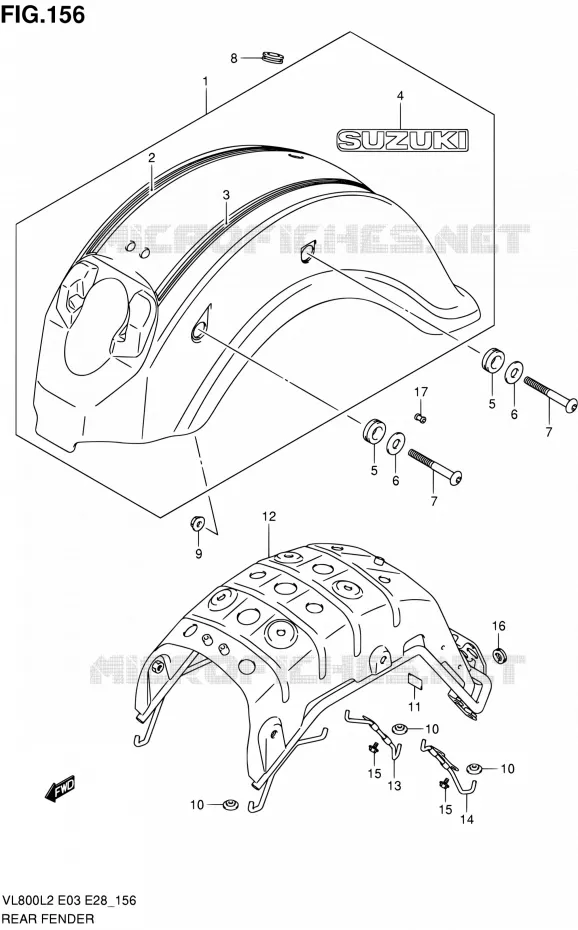 GARDE BOUE ARRIERE (VL800CL2 E03) Suzuki MOTO 800 VOLUSIA 2012  VL800 L2/VL800T L2/VL800C L2