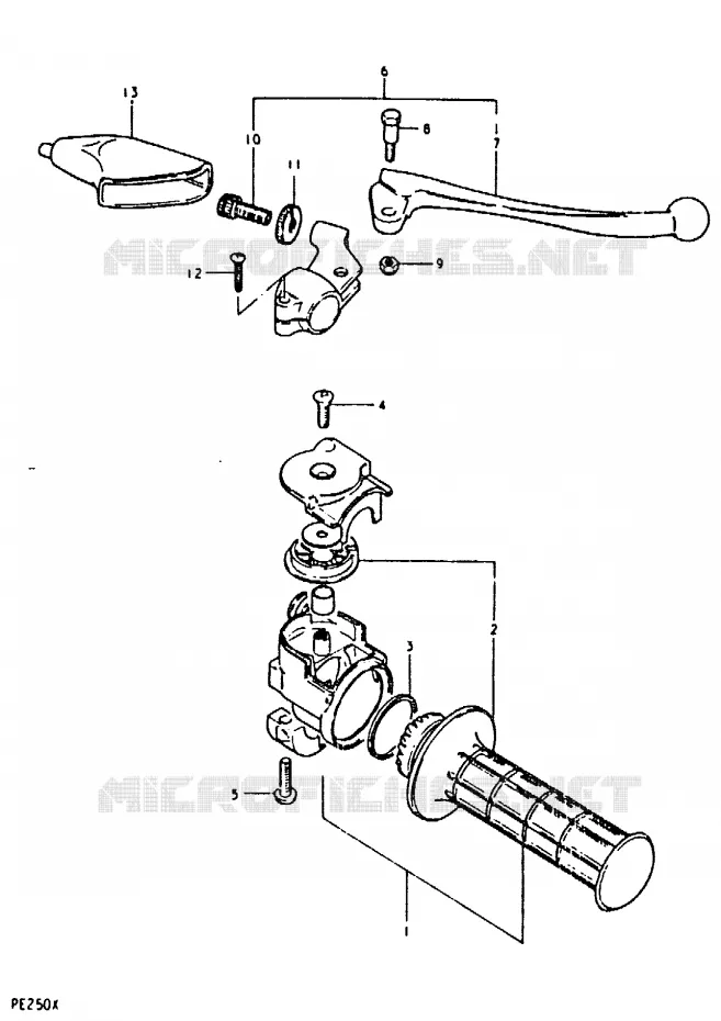 ENSEMBLE LEVIER - POIGNEE DROITE (PE250T) Suzuki MOTO 250 PE 1981  PE250X(T/X)