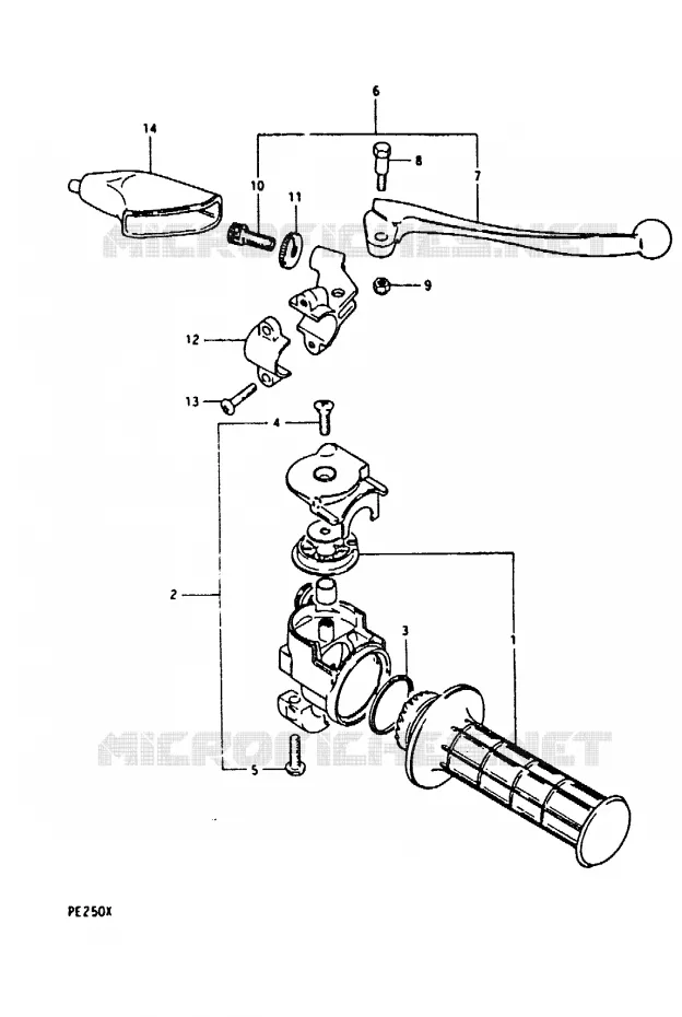 ENSEMBLE LEVIER - POIGNEE DROITE (PE250X) Suzuki MOTO 250 PE 1980  PE250T(T/X)