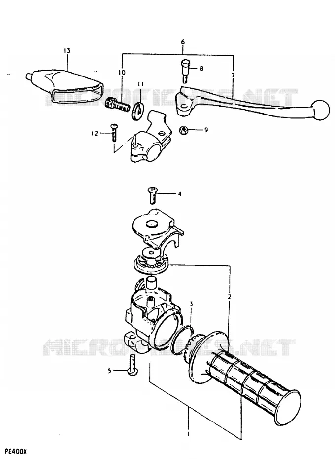 ENSEMBLE LEVIER - POIGNEE DROITE (PE400T) Suzuki MOTO 400 PE 1999  PE400X(T/X)