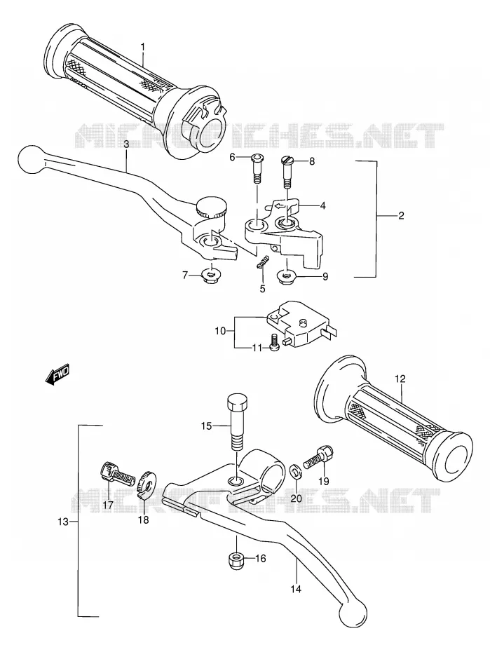 ENSEMBLE LEVIERS - POIGNEES (MODELE K/L/M/N/P/R/S/T) Suzuki MOTO 600 GSX-F 1993  GSX600FU2P(E2)