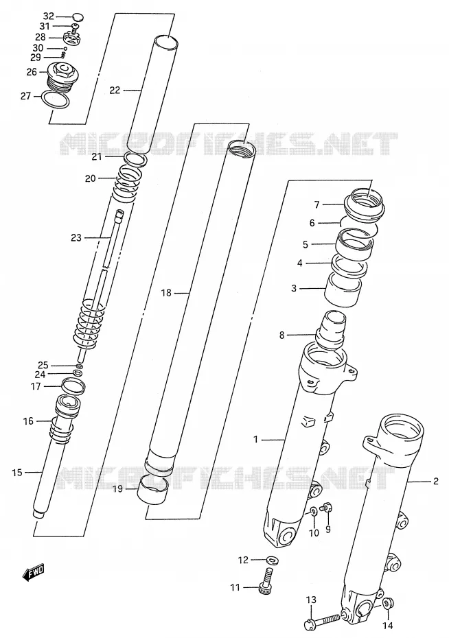 AMORTISSEUR AVANT (MODELE K/L/M/N/P/R/S/T) Suzuki MOTO 600 GSX-F 1989  GSX600FUK(E28)