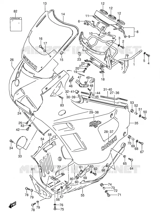 CARENAGE TETE DE FOURCHE (MODELE J) Suzuki MOTO 600 GSX-F 1992  GSX600FUN(E2)