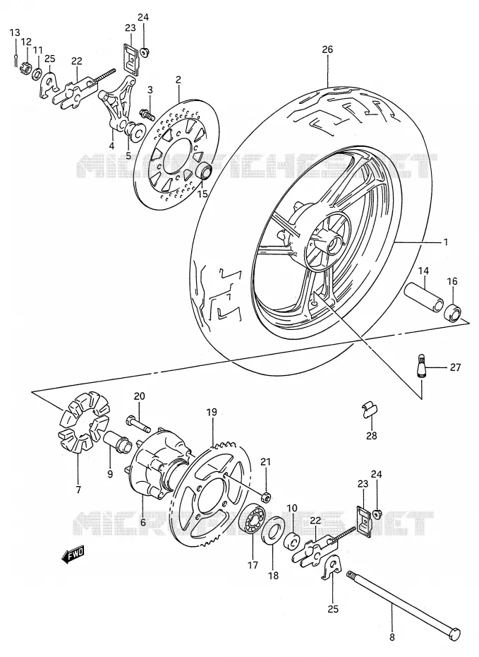 ROUE ARRIERE (MODELE J) Suzuki MOTO 600 GSX-F 1990  GSX600FL(E28)
