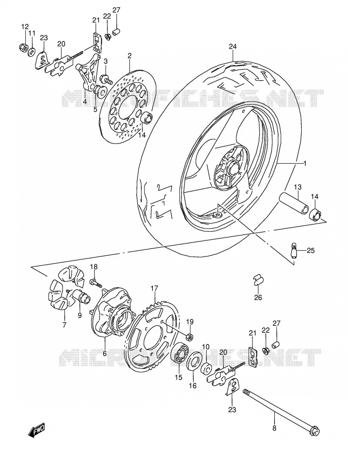ROUE ARRIERE (MODELE K/L/M/N/P/R/S/T) Suzuki MOTO 600 GSX-F 1988  GSX600FUJ(E2)