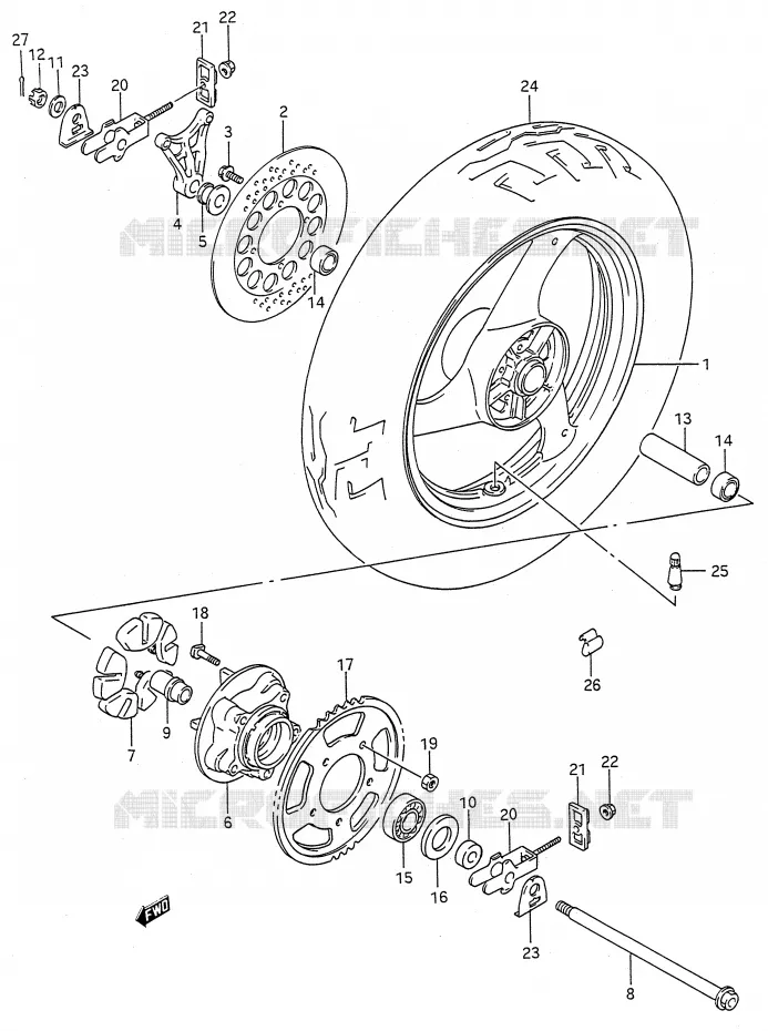ROUE ARRIERE (MODELE K/L/M/N/P/R/S/T) Suzuki MOTO 600 GSX-F 1989  GSX600FUK(E28)