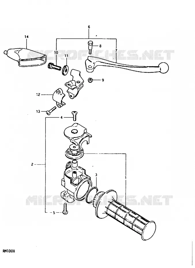 ENSEMBLE LEVIER - POIGNEE DROITE (RM100X) Suzuki MOTO 100 RM 1992  RM100N(N/T/X)