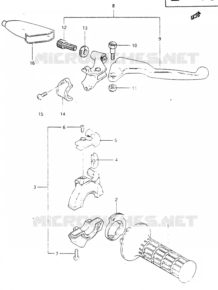 ENSEMBLE LEVIER - COMMODO DROIT (MODELE Z) Suzuki MOTO 465 RM 1982  RM465Z(X/Z)
