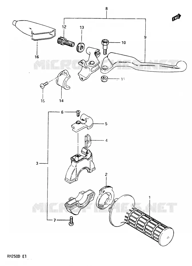 ENSEMBLE LEVIER - COMMODO DROIT Suzuki MOTO 250 RM 1982  RM250Z(Z/D)