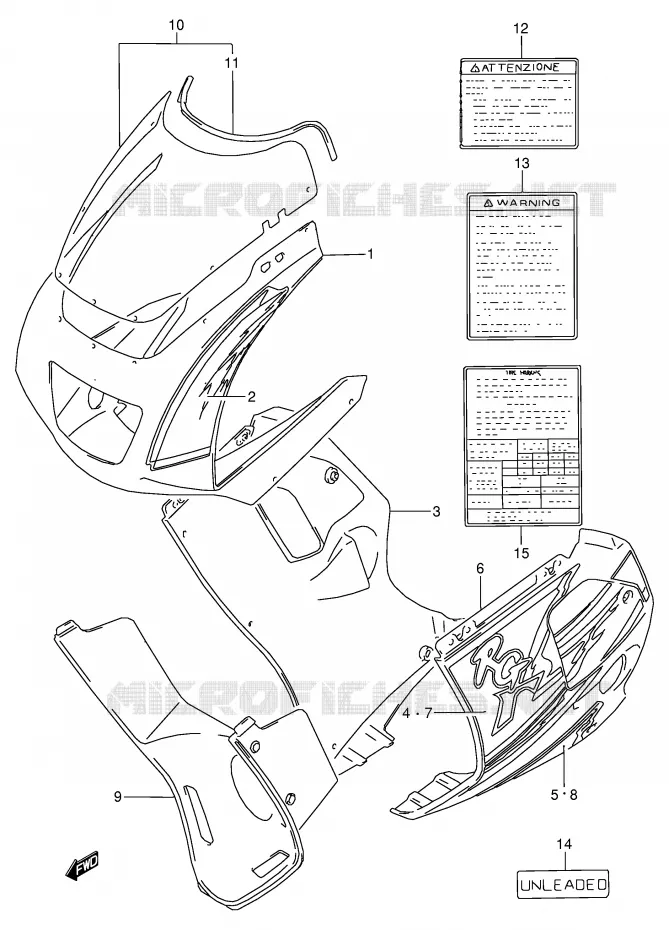 CARENAGES - ETIQUETTES (MODELE P 1LE) Suzuki MOTO 125 RG 1992  RG125FN(E18)