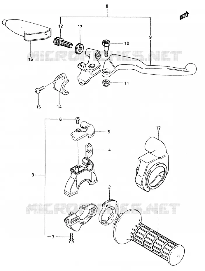 ENSEMBLE LEVIER - COMMODO DROIT Suzuki MOTO 500 RM 1983  RM500D(D/E)