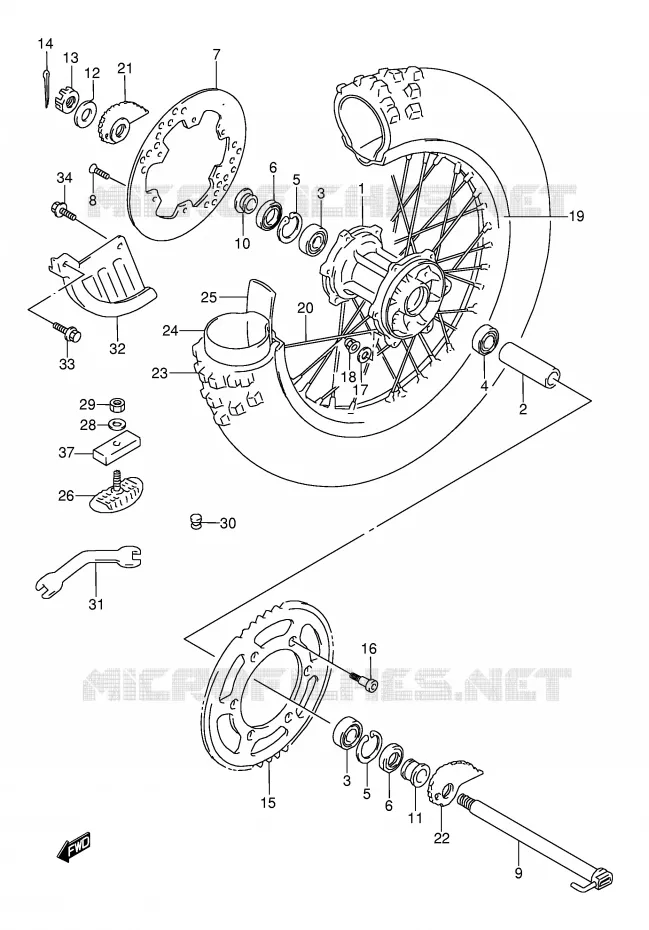 ROUE ARRIERE (MODELE N/S/T) Suzuki MOTO 250 RMX 1993  RMX250P(E1)
