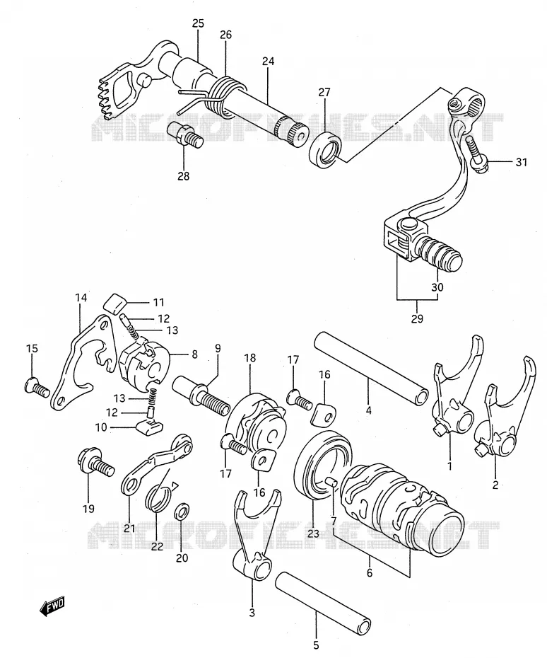 ENSEMBLE DE SELECTION DE VITESSES (MODELE K/L/M/N/P/R/S) Suzuki MOTO 80 RM 1993  RM80P(E28)