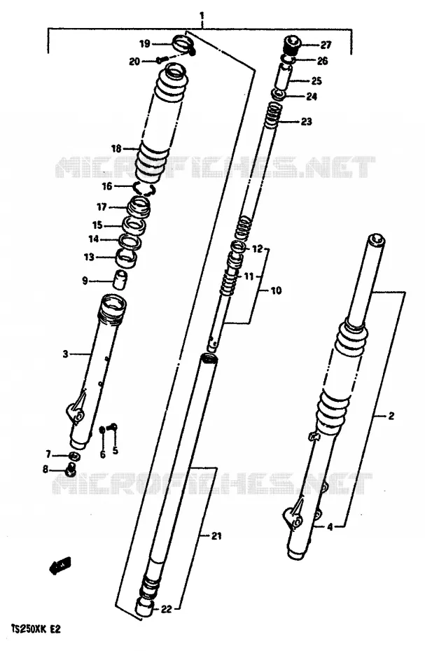 FOURCHE AVANT (MODELE E) Suzuki MOTO 250 TS-X 1988  TS250XJ(E/G/H/J/K)