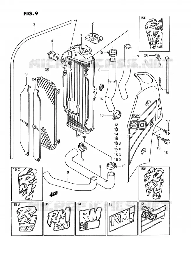 RADIATEUR (MODELE G/H/J/K/L/M/N/P) Suzuki MOTO 80 RM 1985  RM80F(E3)