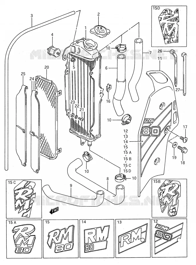 RADIATEUR (MODELE G/H/J/K/L/M/N/P) Suzuki MOTO 80 RM 1993  RM80P(E28)