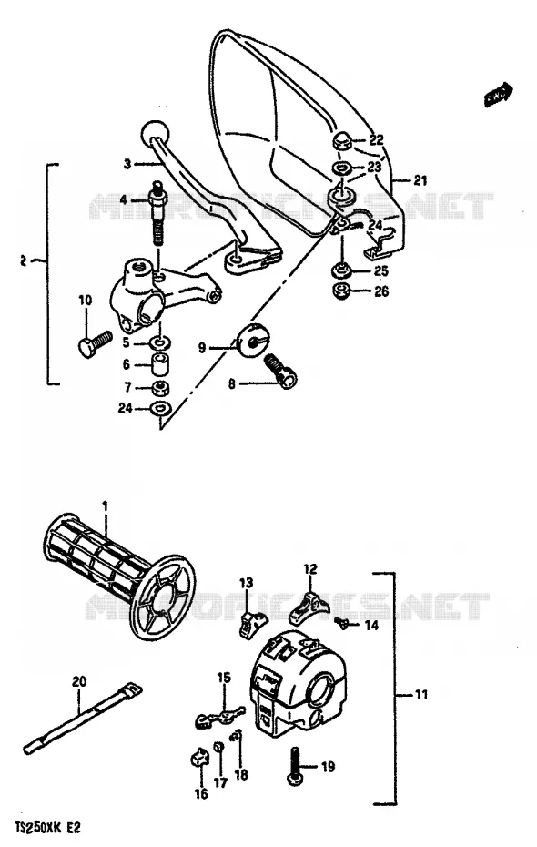 ENSEMBLE POIGNEE GAUCHE (MODELE K E21,E24) Suzuki MOTO 250 TS-X 1989  TS250XK(E/G/H/J/K)