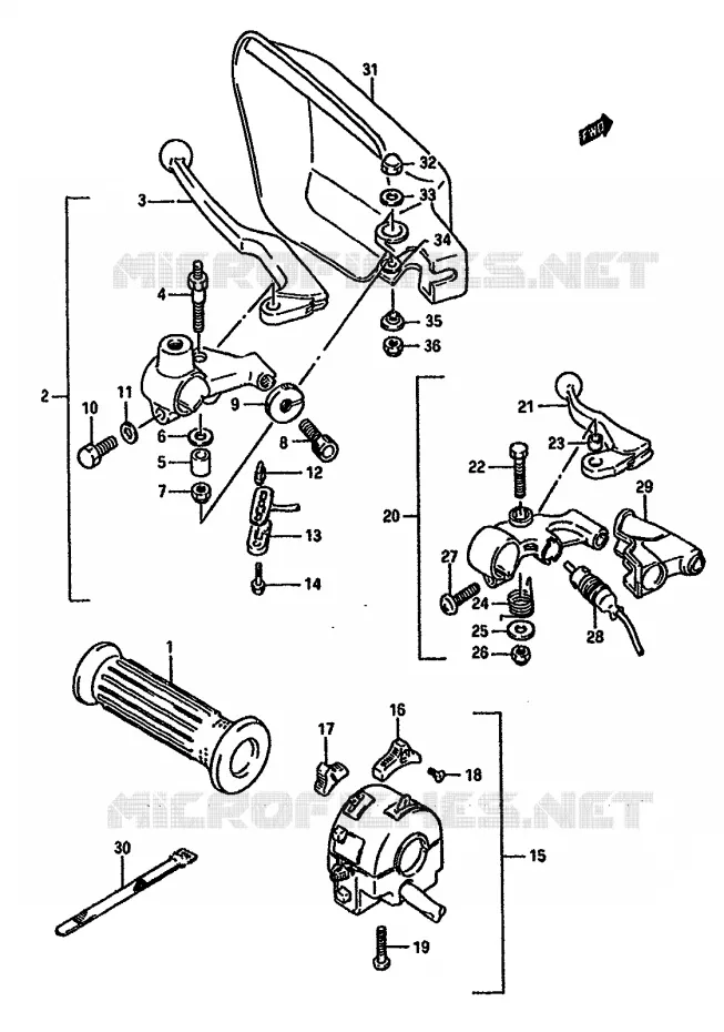 ENSEMBLE POIGNEE GAUCHE (MODELE J) Suzuki MOTO 750 DR 1989  DR750SK(J/K)