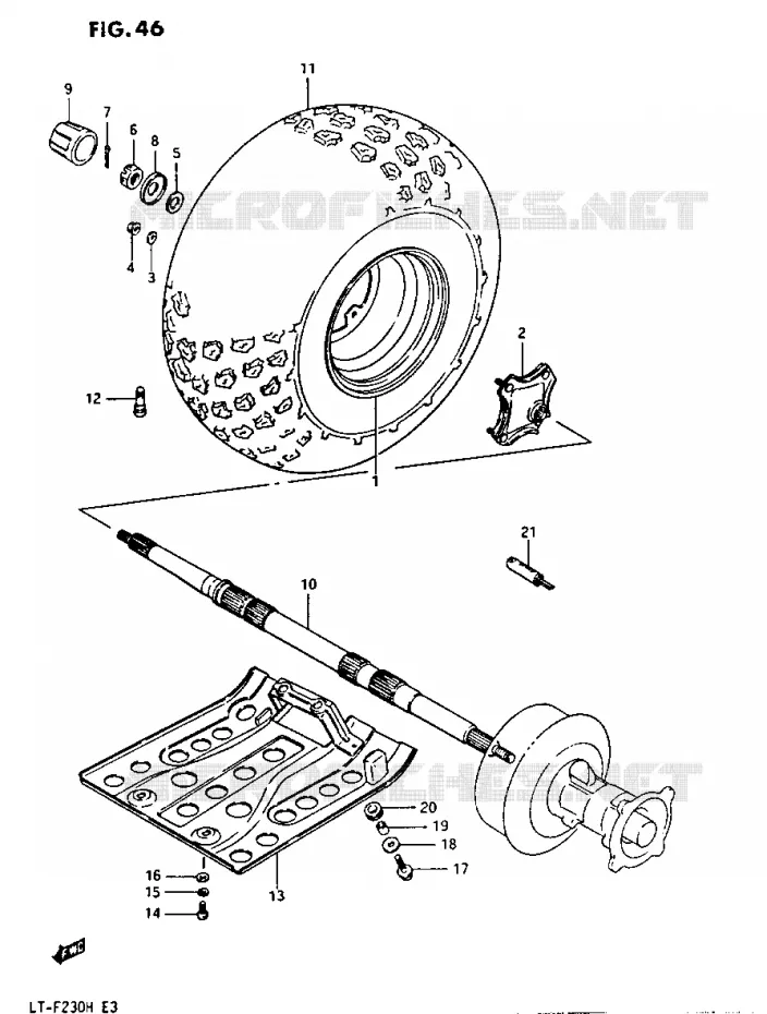 ROUE ARRIERE DROITE - PROTECTION INFERIEURE Suzuki QUAD 230 OZARK 1987  LTF230H(E3)