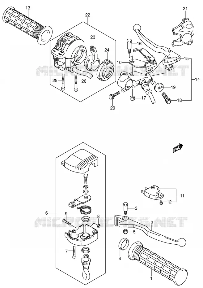 ENSEMBLE LEVIERS - POIGNEES (MODELE K2/K3) Suzuki QUAD 250 OZARK 2006  LT-F250K6(E3/E28)