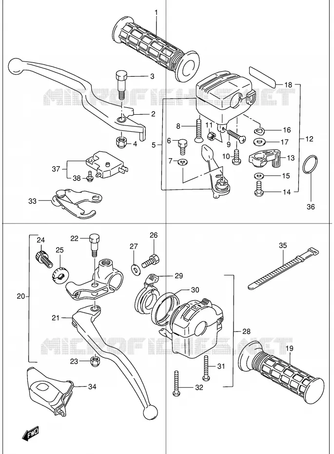 ENSEMBLE LEVIERS - POIGNEES (MODELE X/Y/K1) Suzuki QUAD 300 KINGQUAD 2000  LT-F300FY(E24)