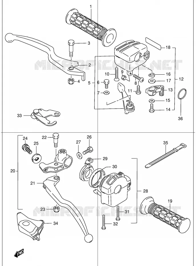 ENSEMBLE LEVIERS - POIGNEES Suzuki QUAD 300 KINGQUAD 1999  LT-F300X(E24)