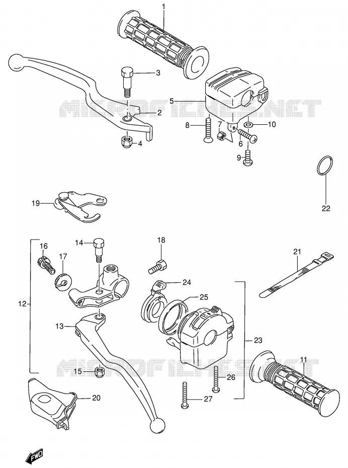ENSEMBLE LEVIERS - POIGNEES Suzuki QUAD 500 KINGQUAD 2001  LT-A500FK1(E3/E28)