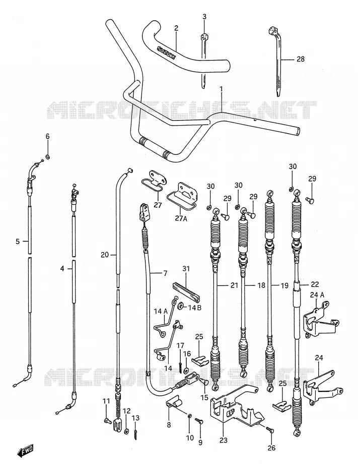 GUIDON - CABLES (MODELE K/L/M/N/P/R/S) Suzuki QUAD 250 KINGQUAD 1988  LT-F4WDJ(E28)