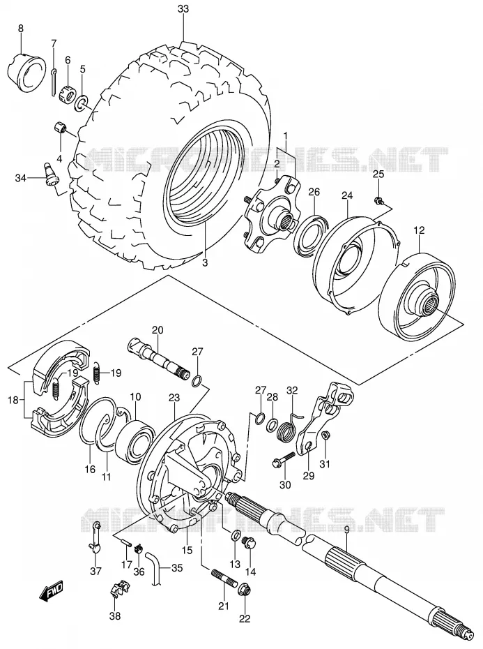 ROUE ARRIERE DROITE (MODELE K2/K3) Suzuki QUAD 250 OZARK 2003  LT-F250K3(E3/E28)
