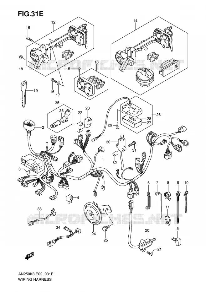 FAISCEAU ELECTRIQUE (MODELE K3/K4 E38) Suzuki SCOOTER 250 BURGMAN 2003  AN250K3(E2)