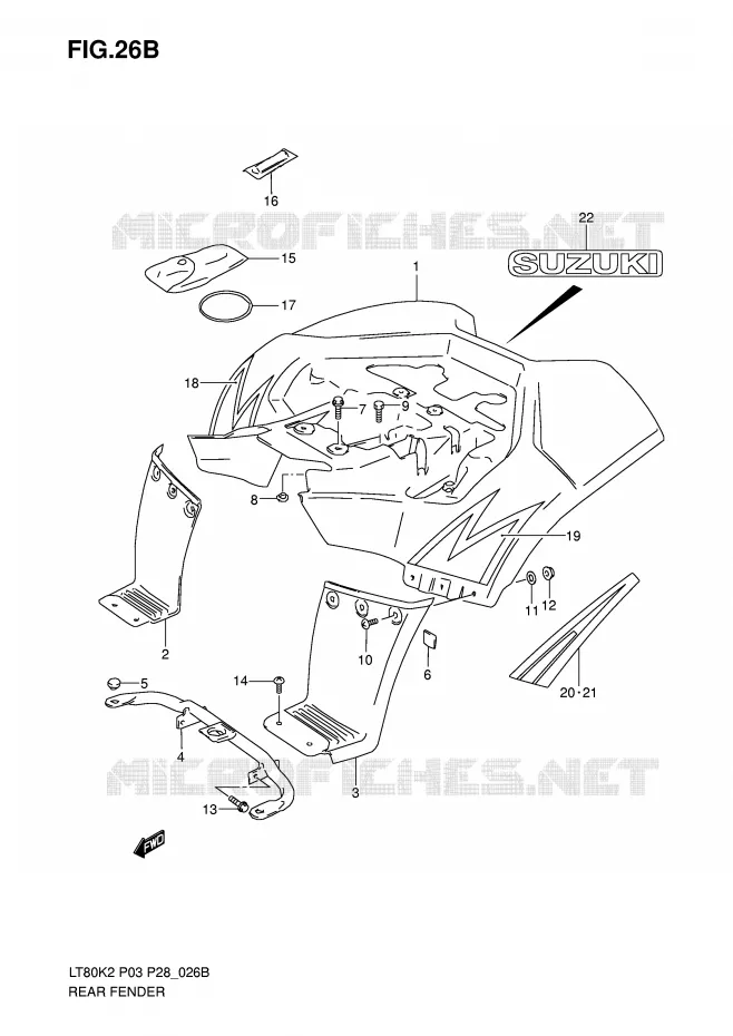 GARDE BOUE ARRIERE (MODELE K5/K6) Suzuki QUAD 80 QUADSPORT 2004  LT80K4(P3/P28)