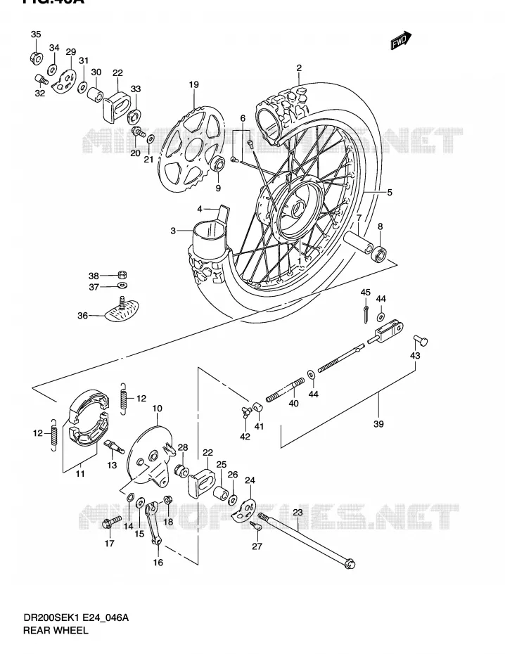 ROUE ARRIERE (MODELE K2/K3/K4/K5 E6,E24) Suzuki MOTO 200 DR 2002  DR200SEK2(E24)