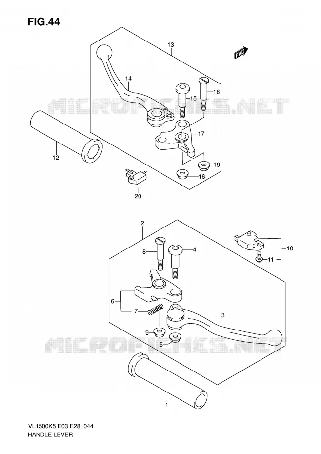 ENSEMBLE LEVIERS - POIGNEES (MODELE K5/K6) Suzuki MOTO 1500 BOULEVARD 2008  VL1500K8(E3/E28)