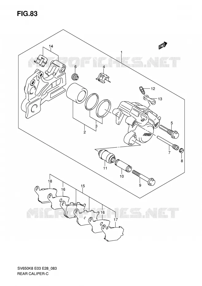 ETRIER DE FREIN ARRIERE (SV650AK8/SAK8/AK9/SAK9/SAL0) Suzuki MOTO 650 SV-S 2010  SV650SL0(E3/E28)