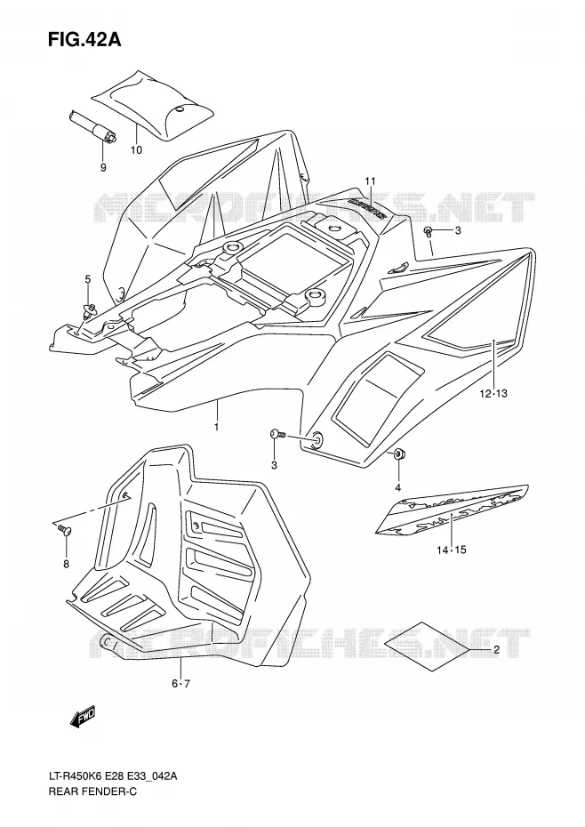 GARDE BOUE ARRIERE (MODEL K8) Suzuki QUAD 450 QUADRACER 2010  LT-R450L0(E28/E33)