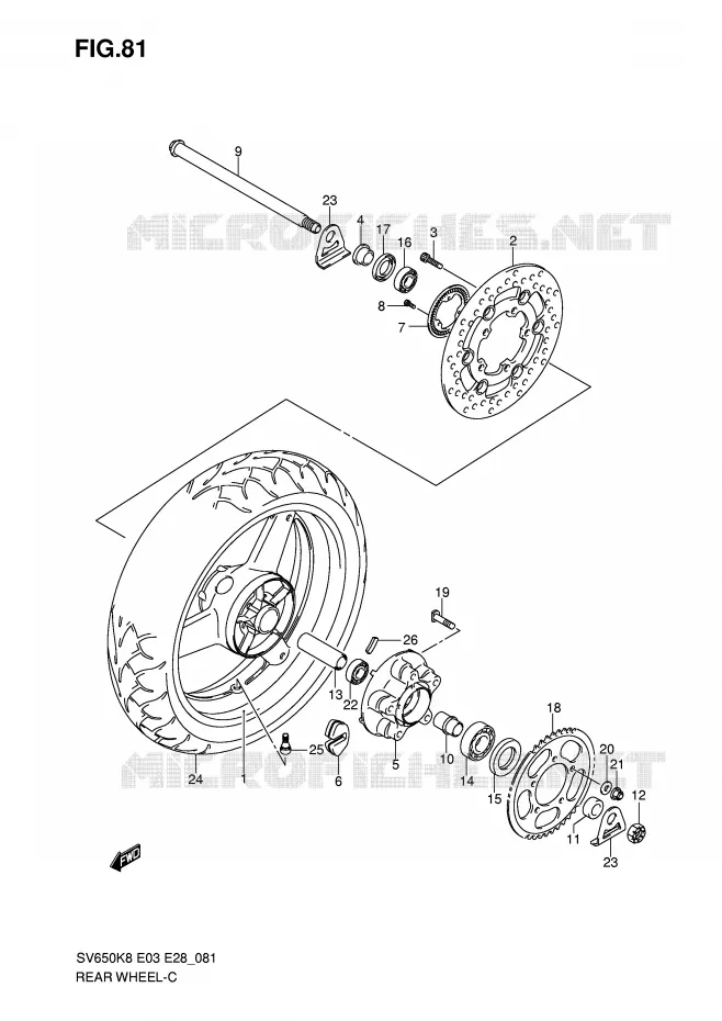 ROUE ARRIERE (SV650AK8/SAK8/AK9/SAK9/SAL0) Suzuki MOTO 650 SV-S 2010  SV650SL0(E3/E28)