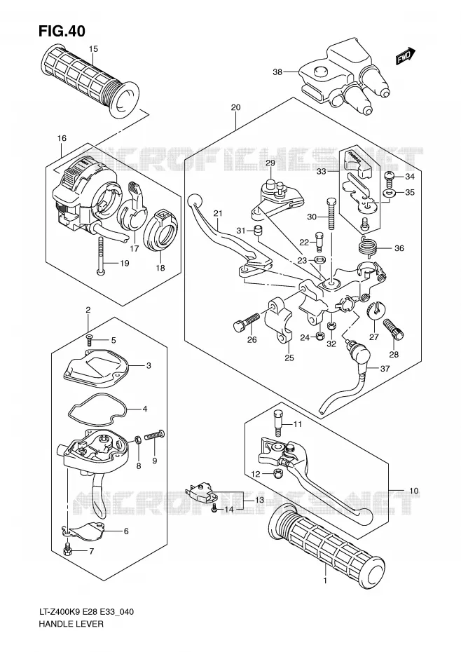 ENSEMBLE LEVIERS - POIGNEES Suzuki QUAD 400 QUADSPORT 2010  LT-Z400L0(E28/E33)