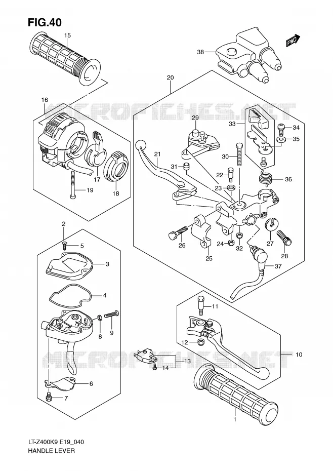 ENSEMBLE LEVIERS - POIGNEES Suzuki QUAD 400 QUADSPORT 2010  LT-Z400ZL0(E19)