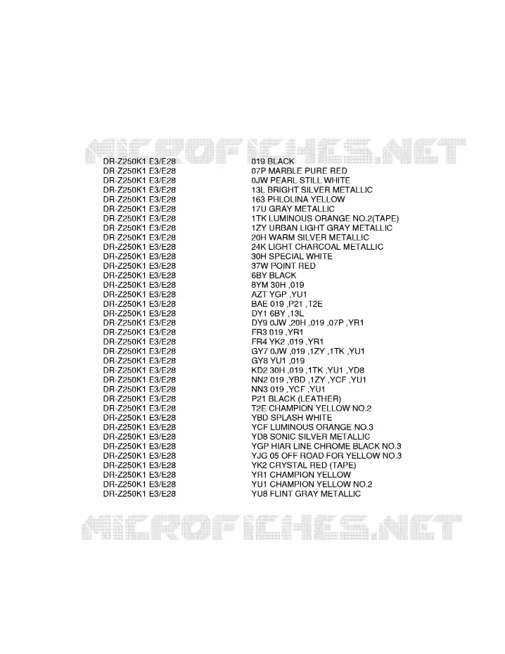 * CHARTE COULEUR * Suzuki MOTO 250 DR-Z 2002  DR-Z250K2(E3/E28)