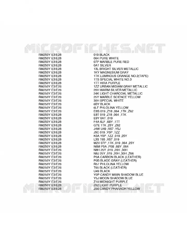 * CHARTE COULEUR * Suzuki MOTO 250 RM 2000  RM250Y(E3/E28)
