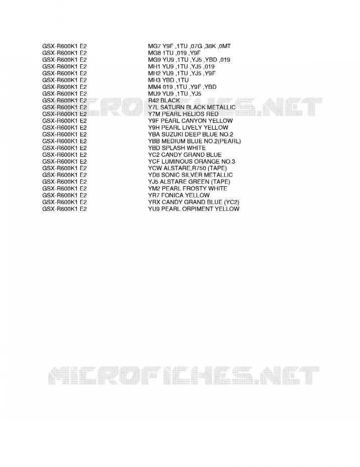 * CHARTE COULEUR * Suzuki MOTO 600 GSX-R 2003  GSX-R600UZK3(E2)