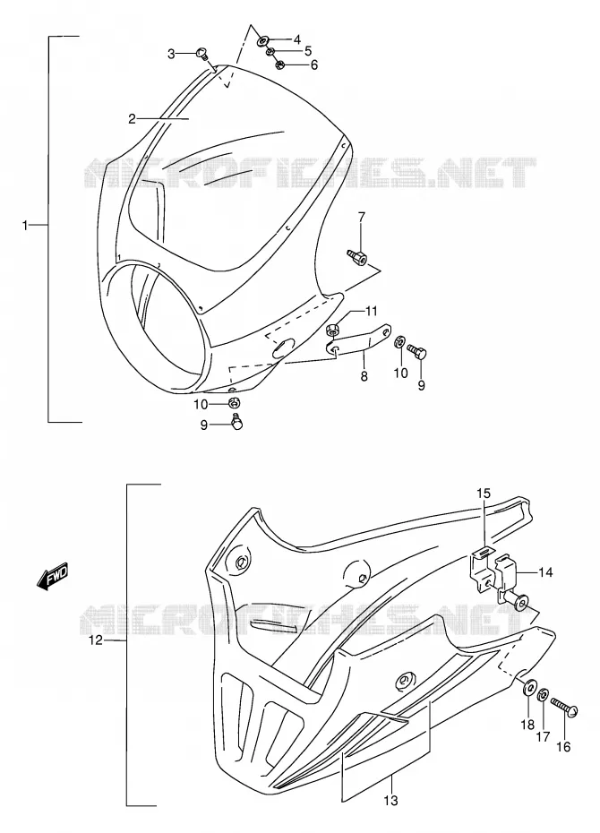 CARENAGE TETE DE FOURCHE (MODELE M/N/P/R/S/T OPTIONNEL) Suzuki MOTO 500 GS-E 1995  GS500EUS(E2)