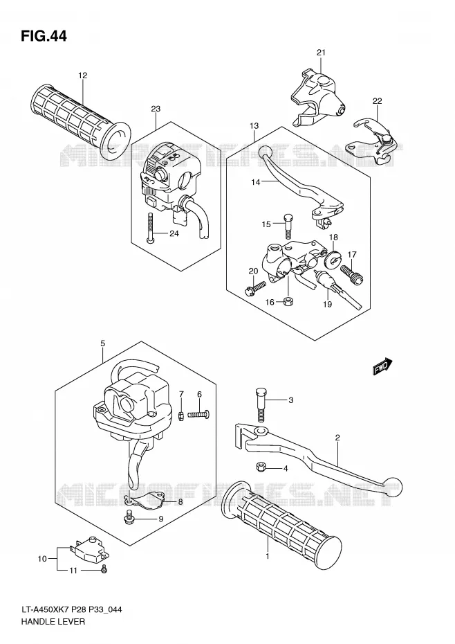 ENSEMBLE LEVIERS - POIGNEES Suzuki QUAD 450 KINGQUAD 2008  LT-A450XK8(P28/P33)